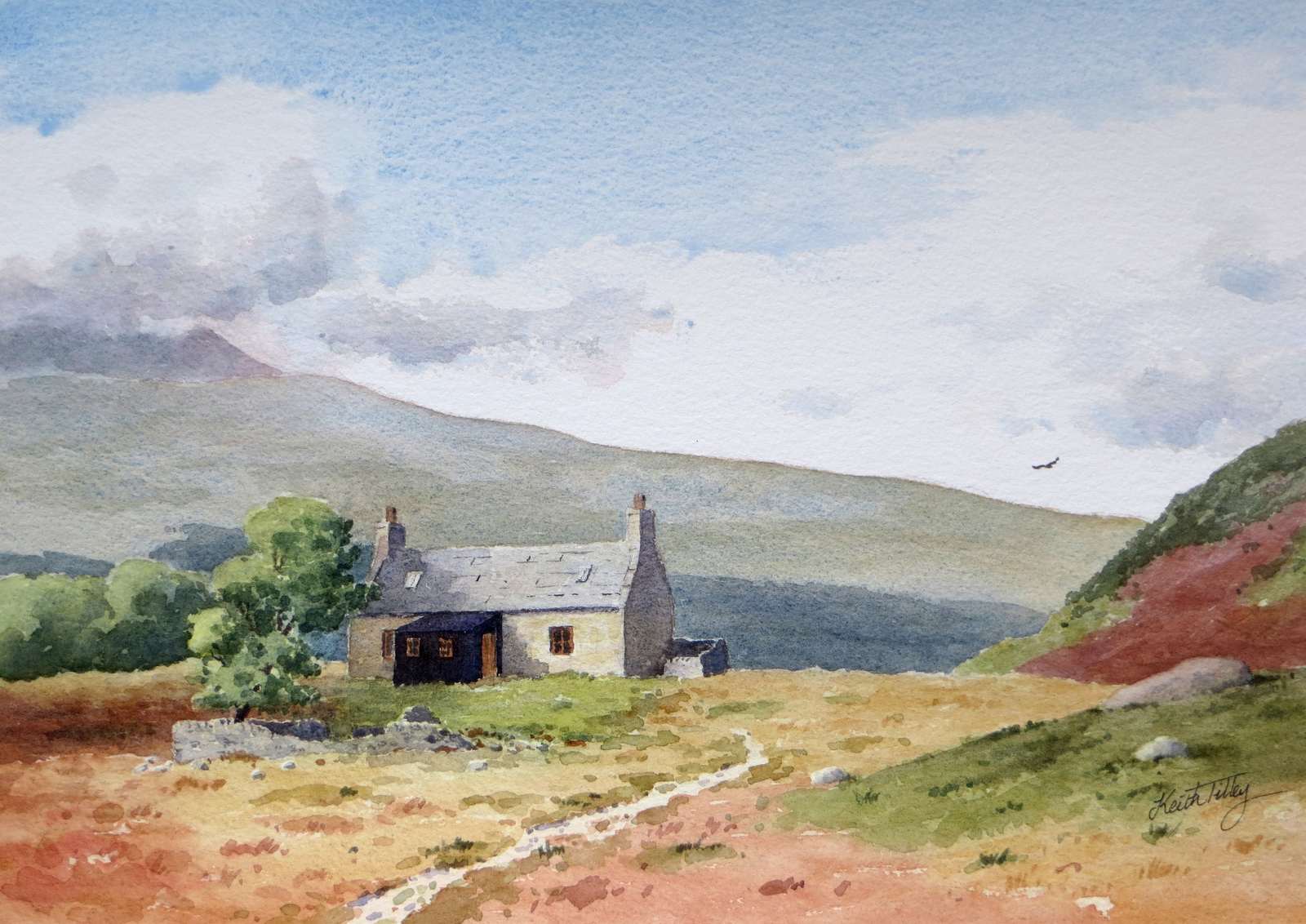 Strabeg Bothy, a mountain refuge in Sutherland, Scotland. Original watercolour.